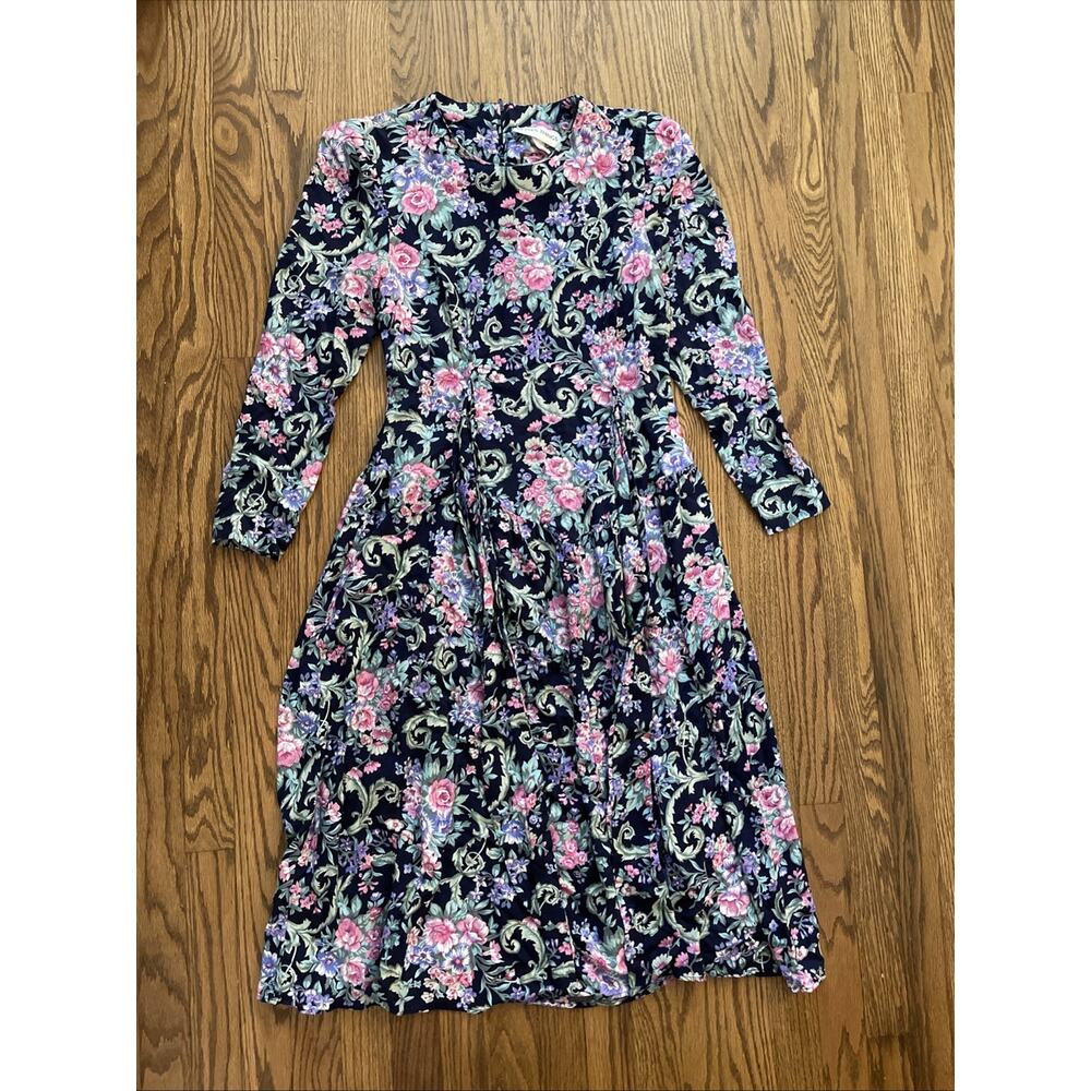 Vtg 80s Betsy’s Things Drop Waist Floral Femme Garden Cottagecore Midi Dress M/L